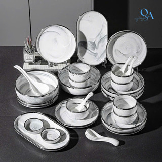  Bộ bát đĩa sứ vân đá viền bạc cao cấp 6-10 người ăn vân mây | Bộ bát đĩa đẹp LUXURY TABLEWARE DECOR QUÀ TẶNG 