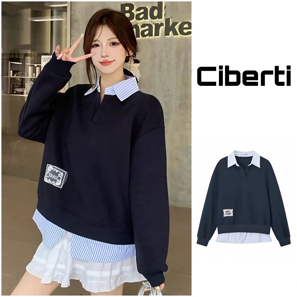 Áo sweater nỉ phối vạt cổ sơ mi nữ dài tay cao cấp Ciberti