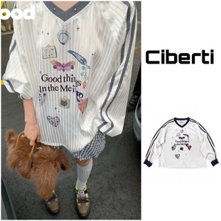 Áo sweater bóng chày nữ họa tiết sọc phối cổ tim form rộng Ciberti