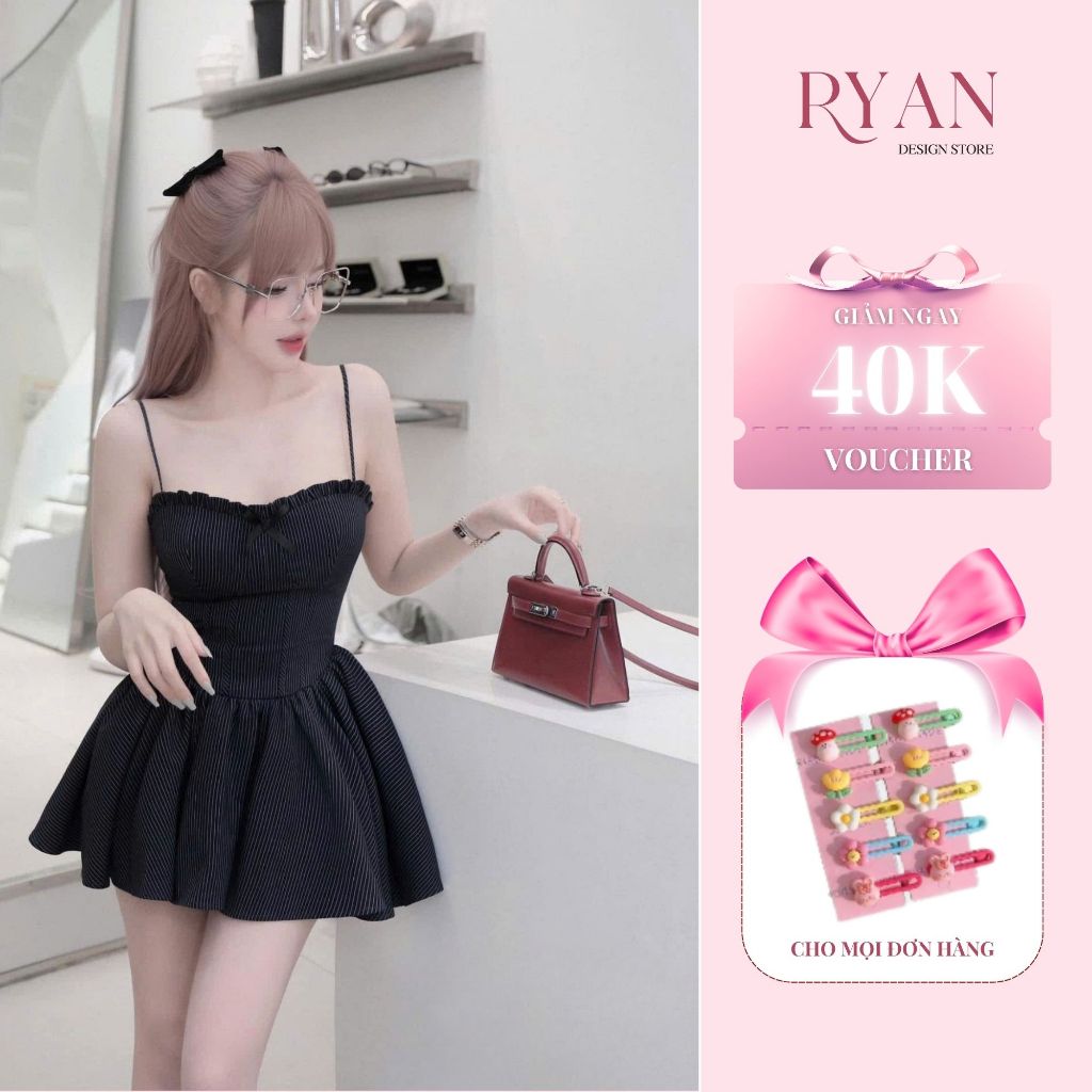 Đầm 2 dây viền nhún bèo ngực xoè kẻ sọc dáng ngắn, váy siêu tôn dáng cho nàng (HA13)- Ryan Design St