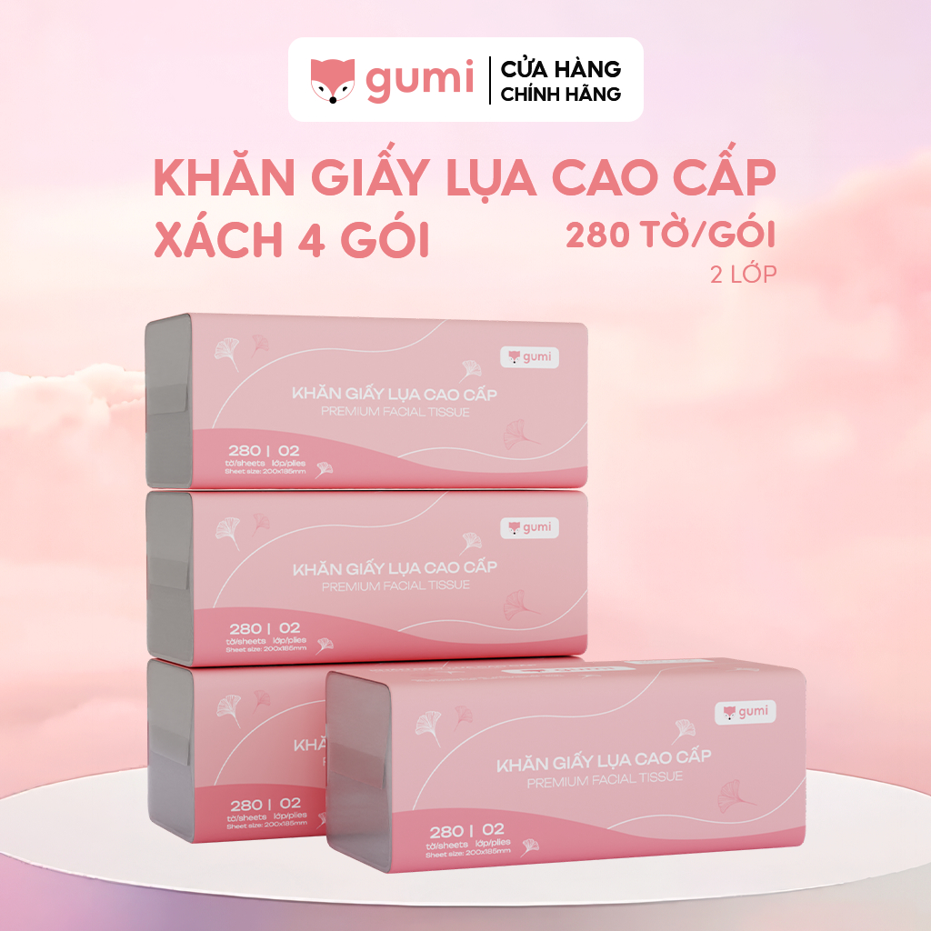 Xách 4 gói giấy rút lụa cao cấp GUMI, Khăn giấy lụa mềm mịn đảm bảo an toàn cho da.