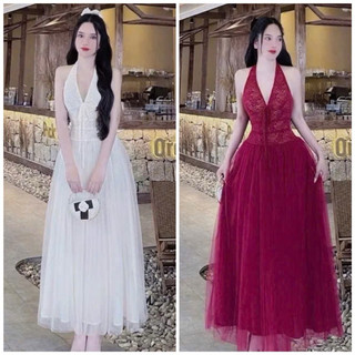 Đầm xòe dự tiệc ren hoa cổ yếm phối lưới siêu xinh