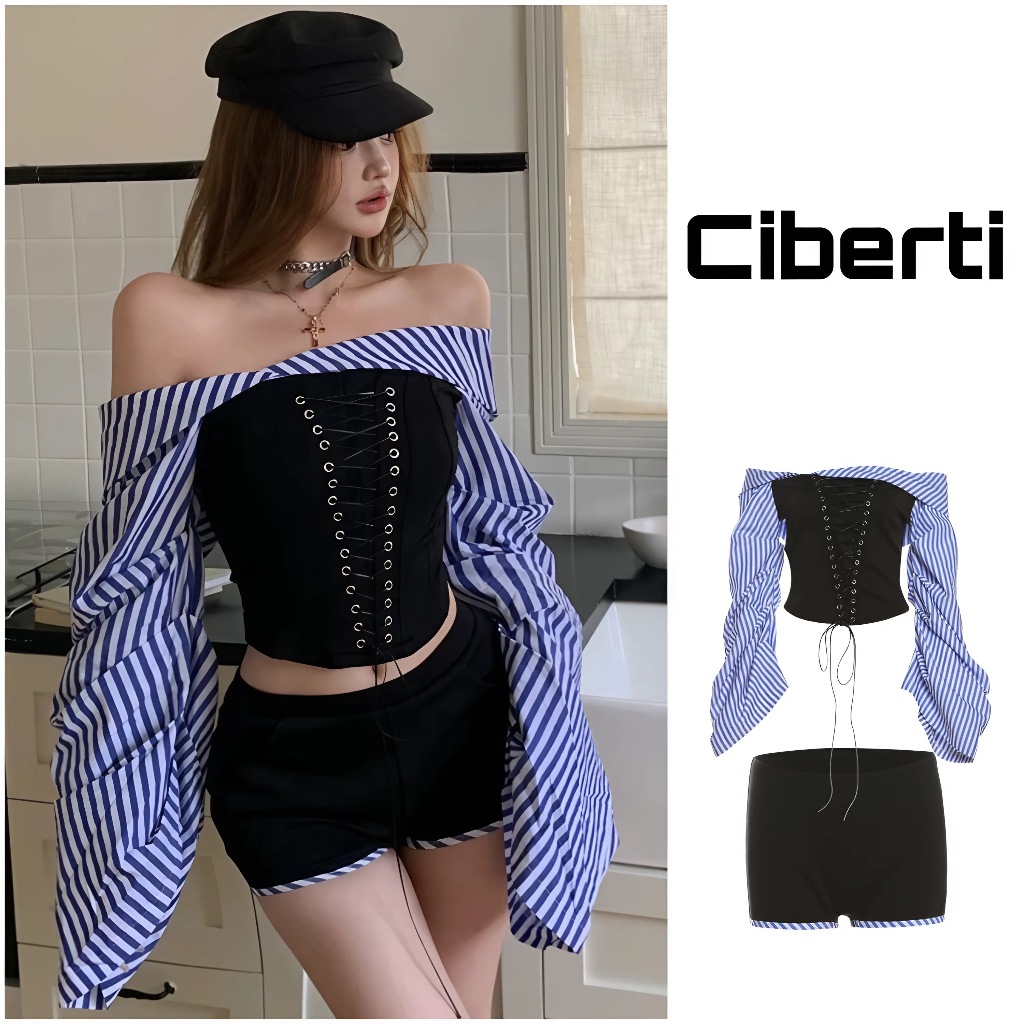 Set Bộ nữ thu đông croptop Kèm Quần Short Ngắn, Áo Trễ Vai Đan Dây Chiết Eo Phối Kẻ Sọc Ciberti | BigBuy360 - bigbuy360.vn