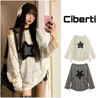 Áo thun dài tay rách dây rút sườn trễ vai nữ thêu ngôi sao phong cách retro Ciberti