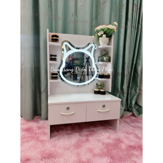 J03 - [TẶNG THẢM LÔNG TRẢI BÀN] Bàn trang điểm ngồi bệt có gắn gương thỏ đèn led cảm ứng 3 màu, 2 ngăn kéo tiện lợi