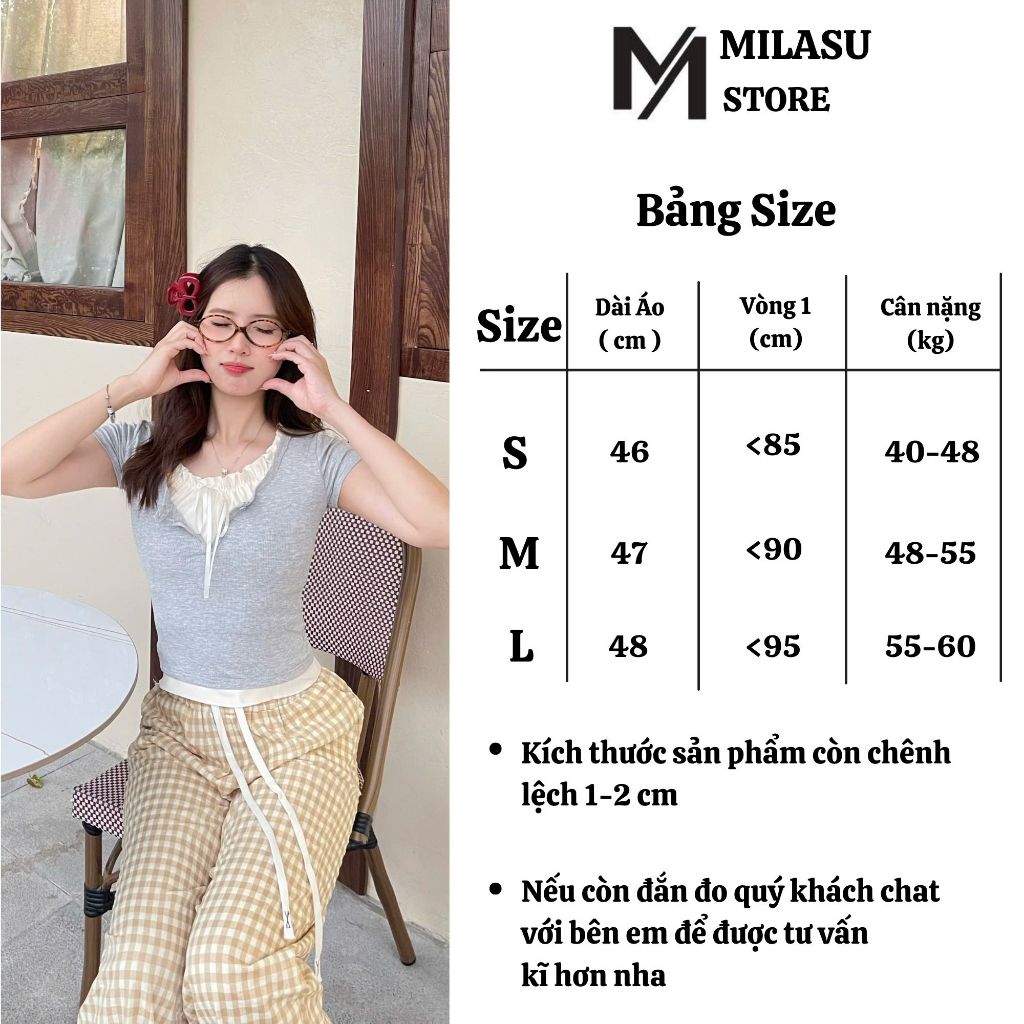 Áo thun tăm cộc tay phối bèo buộc dây MILASU áo nữ cổ tròn thoáng mát A392 | BigBuy360 - bigbuy360.vn