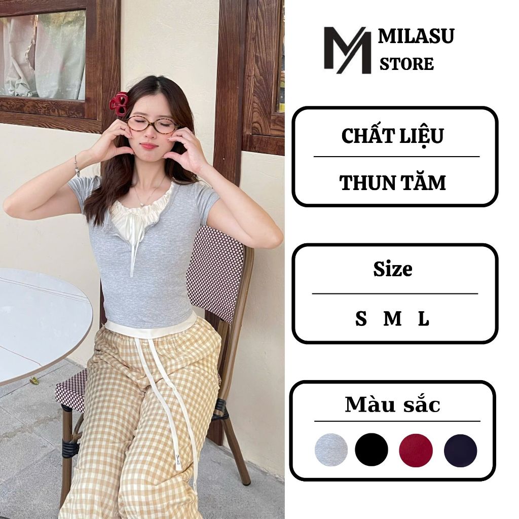 Áo thun tăm cộc tay phối bèo buộc dây MILASU áo nữ cổ tròn thoáng mát A392 | BigBuy360 - bigbuy360.vn