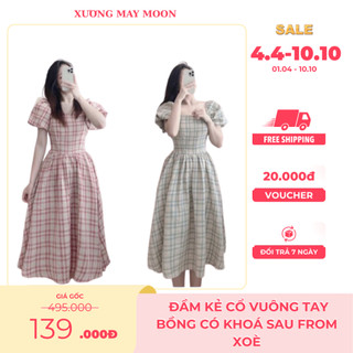 Váy Kẻ Dang Tiểu Thư Siêu Hot , Đầm Kẻ Cổ Vuông Tay Bồng Có Khoá Sau From Xoè Tiểu Thư Dịu Dàng_SP