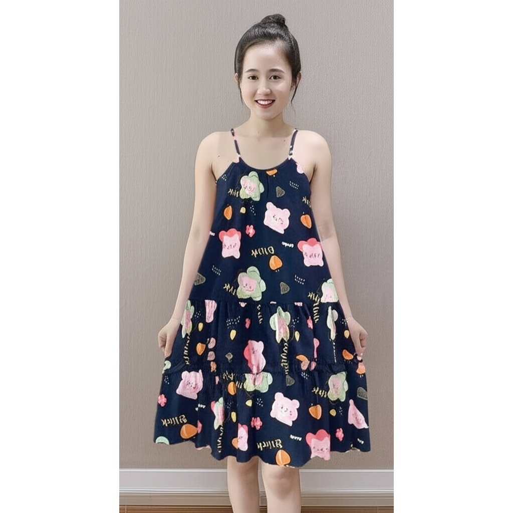 Váy lanh 2 dây, nhiều họa tiết dễ thương, mềm mát, mặc nhà, mặc ngủ thoải mái cho nữ, bầu, sau sinh, có bigsize