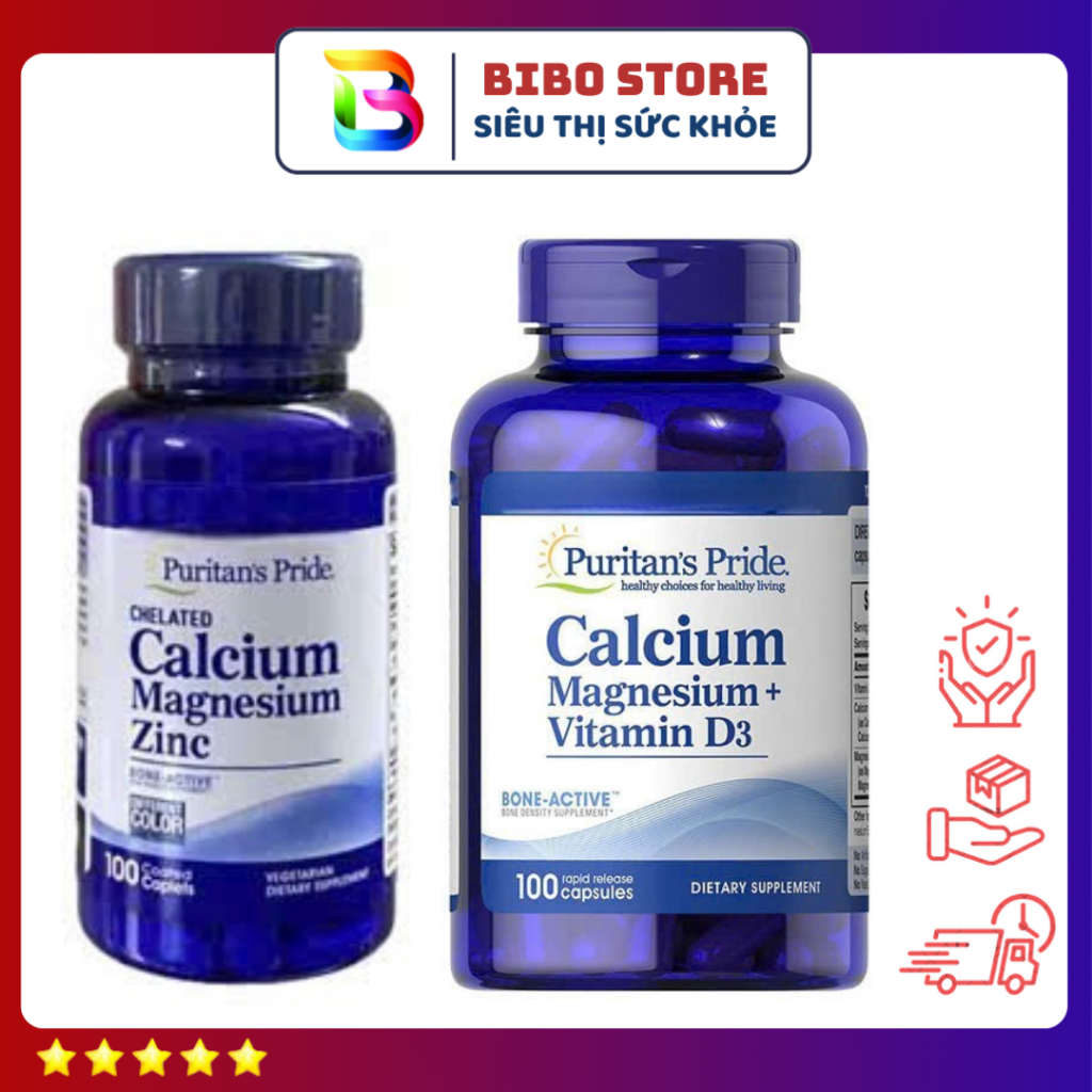 Viên Uống chắc khỏe xương Canxi Calcium Magnesium D3 & Canxi Calcium Magnesium Zinc Puritan 100v