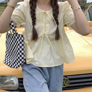 Áo babydoll vàng pastel cổ tròn thắt nơ tay bồng A108 Hàng đẹp Kenco.clothing Sài Gòn M2091