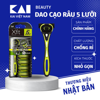 Dao cạo râu Kai Xfit 5 blade cao cấp Nhật màu xanh lá có 4 đầu thay và nắp nhựa bảo vệ (hộp dài)