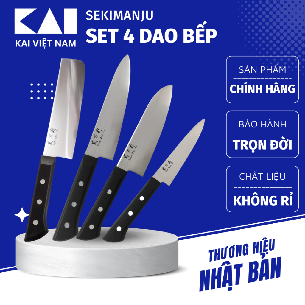 Set 4 Dao Bếp KAI Seki ManJu Đa Năng Thép Chông Gỉ Tay Cầm Nhựa Chịu Nhiệt