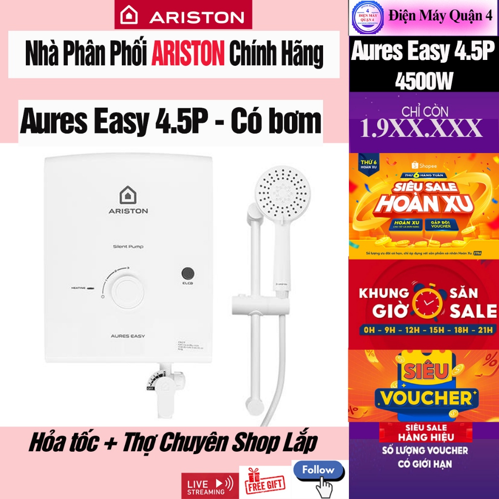 EASY 4.5P -- Máy Nước Nóng Ariston Aures Easy 4.5P Trực Tiếp Có Bơm 2.0 - Hàng chính hãng
