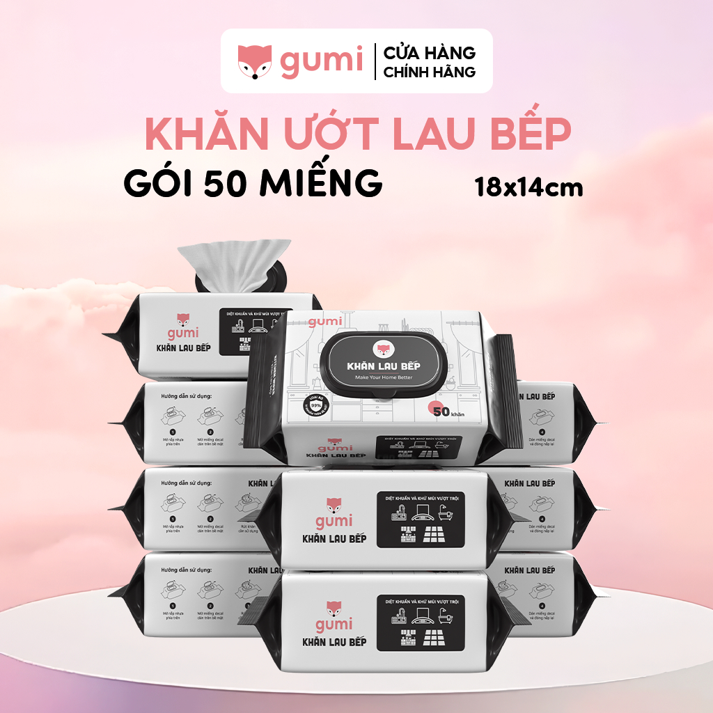Khăn ướt lau bếp Gumi tẩy dầu mỡ, khử trùng nội thất gia đình, khăn ướt lau đa năng 80 tờ chuyên dụn