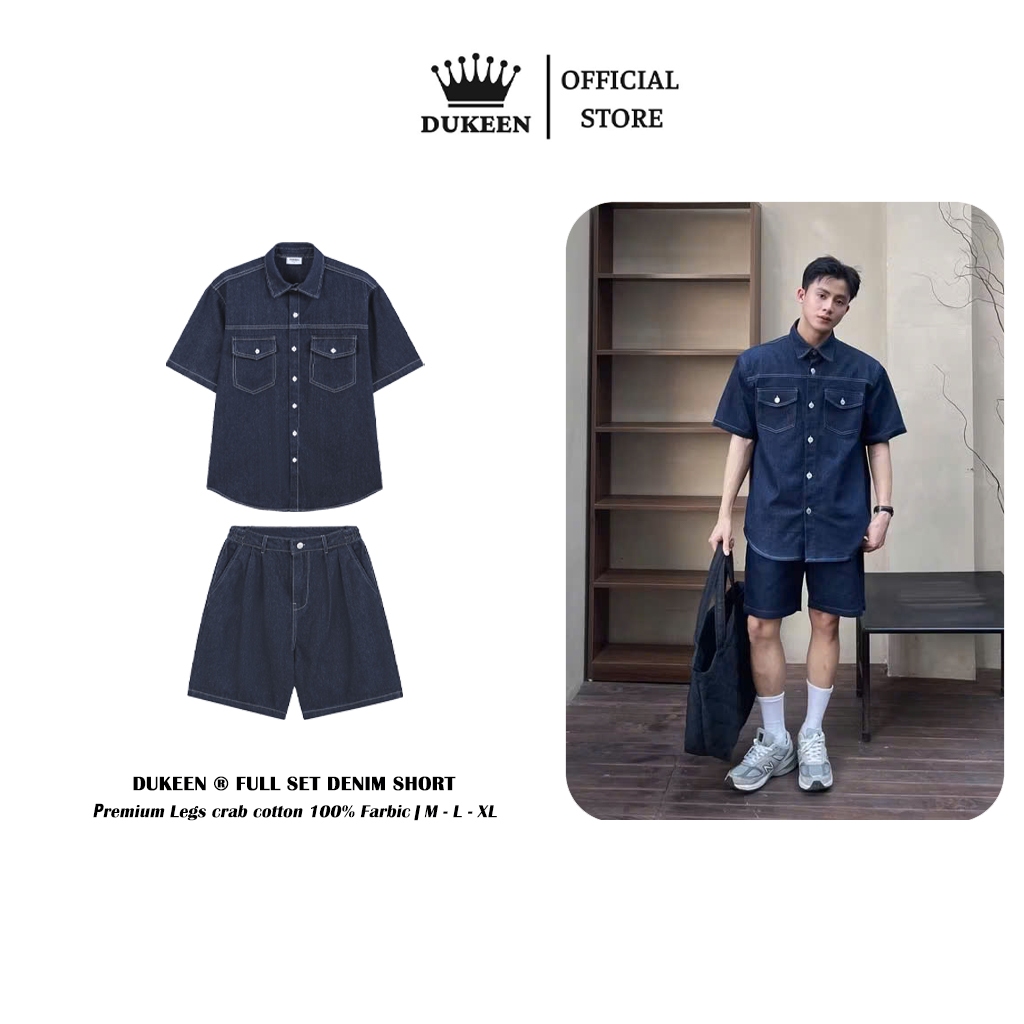 Đồ Bộ Nam Dukeen Set Jean Nam Nữ (Áo + Quần), Áo Sơ Mi Denim Cộc Tay và Quần Short Lửng DK084