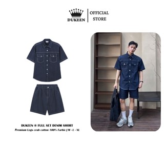 Đồ Bộ Nam Dukeen Set Jean Nam Nữ (Áo + Quần), Áo Sơ Mi Denim Cộc Tay và Quần Short Lửng DK084