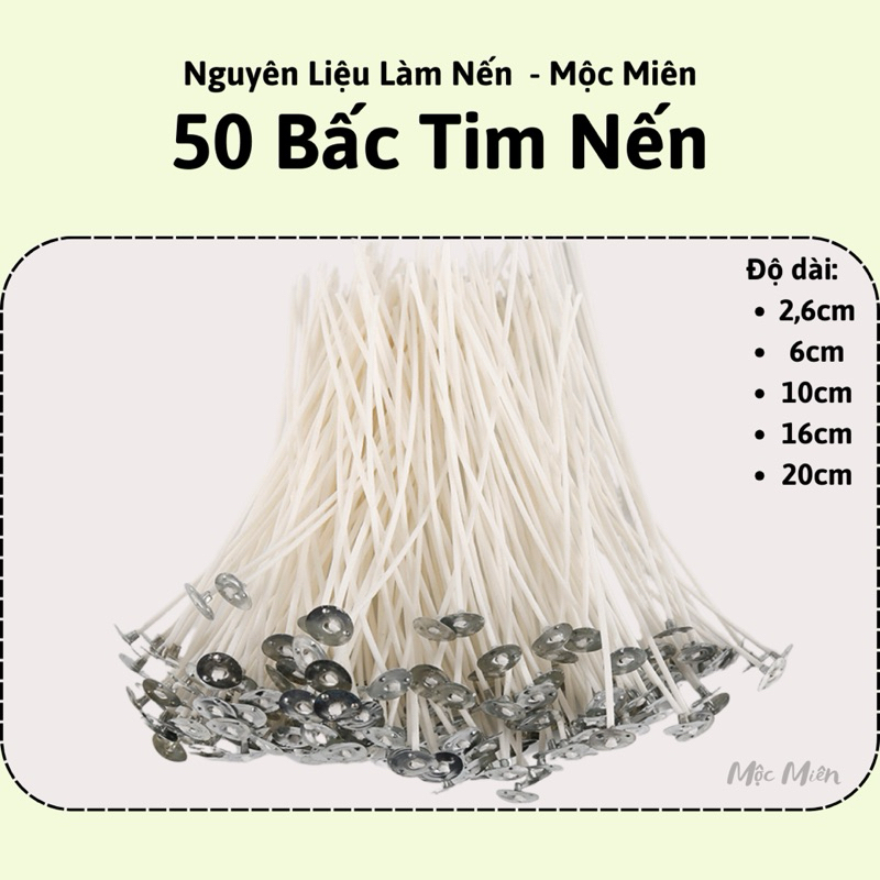 Tim bấc nến làm bằng cotton đã bọc sáp bên ngoài, kẹp sẵn đế thép, nguyên liệu làm nên mộc miên