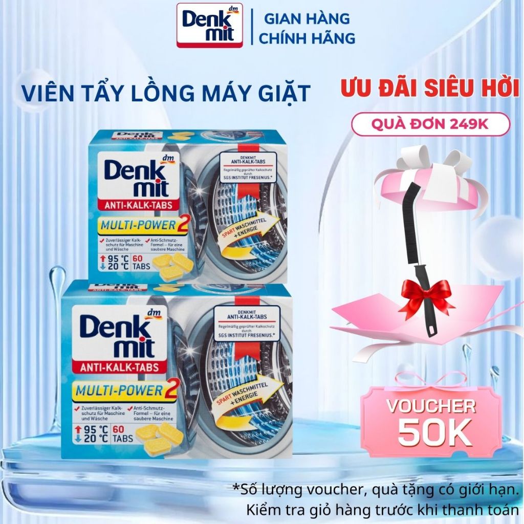 Viên tẩy lồng giặt máy giặt Denkmit | Hộp 60 viên làm sạch lồng máy giặt, loại bỏ mùi hôi