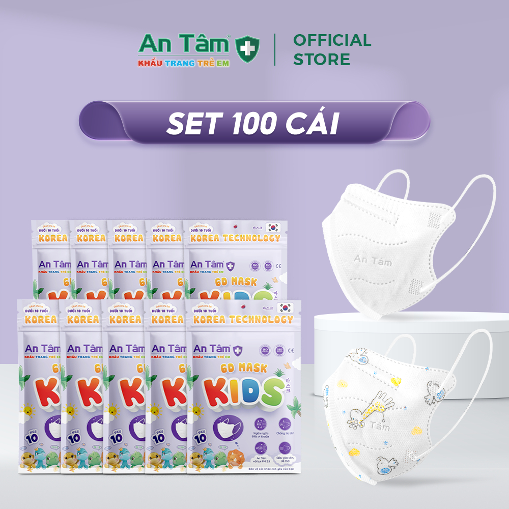 Set 100 cái - Khẩu trang 6D Kids An Tâm, 4 lớp kháng khuẩn dày dặn, đa dạng họa tiết, bảo vệ tối ưu cho bé