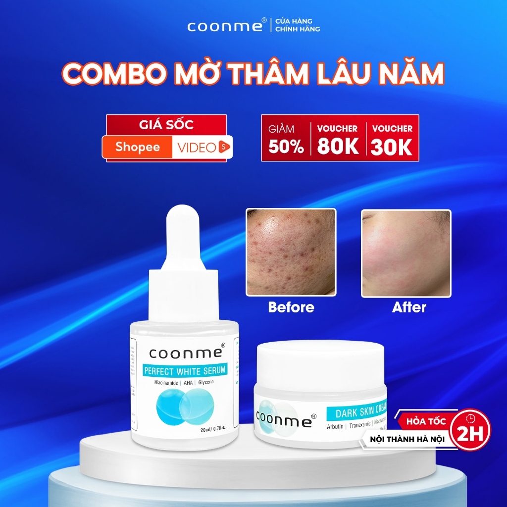 Combo mờ thâm chuyên sâu Coonme Serum Perfect White Serum 20ml + Kem Dark Skin Cream 20g