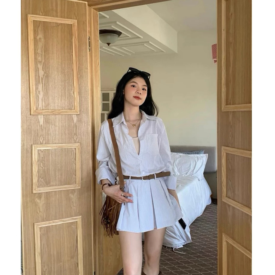 Sét Áo Sơ Mi Kẻ Sọc Mix Chân váy Ngắn Xếp Ly Dáng Jum Liền Thân KÈM ĐAI Thời Trang Hàn Quốc | BigBuy360 - bigbuy360.vn