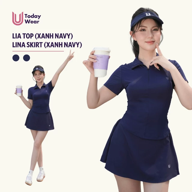 Set bộ đồ thể thao nữ pickcleball tennis áo Lia Top xanh navy mix chân váy Lina Skirt xanh navy Today U Wear thoáng mát