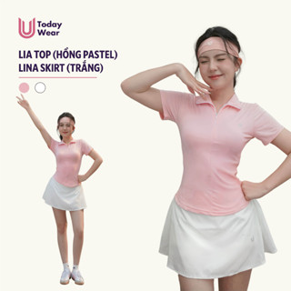 Set bộ đồ chơi thể thao pickcleball tennis áo Lia top hồng pastel chân váy Lina skirt trắng Today U Wear sẵn quần bảo hộ