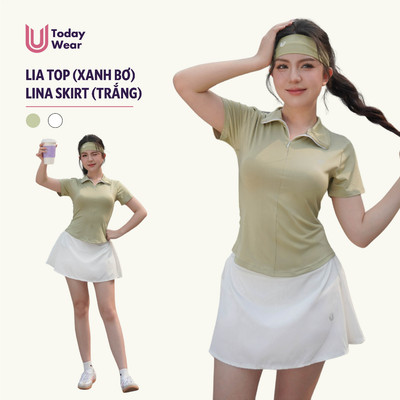 Set bộ đồ thể thao nữ pickcleball cầu lông áo Lia top xanh bơ mix chân váy Lina skirt trắng Today U Wear có quần bảo hộ