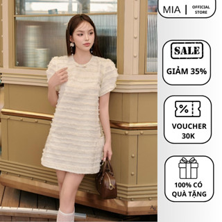 Váy nữ dạ tweed trắng kem MIA tay phồng phối ren đầm dự tiệc dáng ngắn sang trọng V306