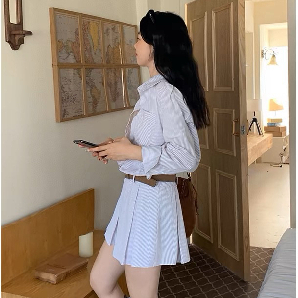 Sét Áo Sơ Mi Kẻ Sọc Mix Chân váy Ngắn Xếp Ly Dáng Jum Liền Thân KÈM ĐAI Thời Trang Hàn Quốc | BigBuy360 - bigbuy360.vn