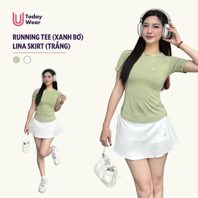 Set đồ tập gym yoga thể thao áo Running tee xanh bơ mix chân váy Lina skirt trắng Today U Wear có sẵn quần bảo hộ