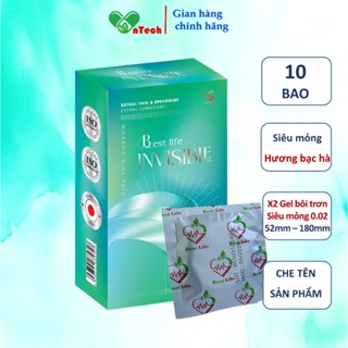 Bao cao su Best Life Invisible siêu mỏng trơn nhiều gel bôi trơn hương bạc hà mát lạnh hộp 10 bao cao su