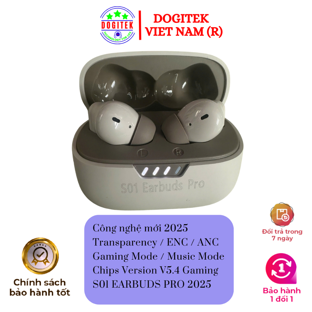 Tai nghe không dây Dogitek S01 Earbuds Pr0, có ENC,ANC, Xuyên âm, có Game mode, Music mode,chip 5.4