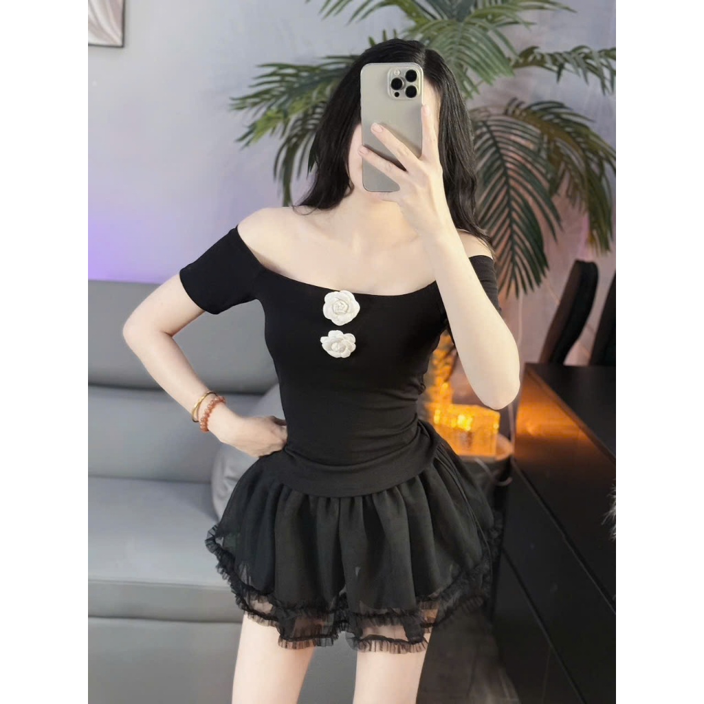 Áo thun trễ vai tay ngắn kèm tag hoa vải thun pozip loại 1