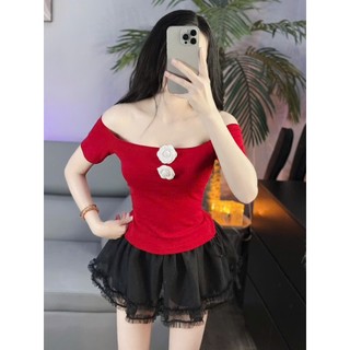 Áo thun trễ vai tay ngắn kèm tag hoa vải thun pozip loại 1