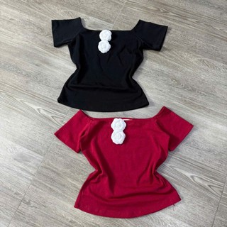 Áo thun trễ vai tay ngắn kèm tag hoa vải thun pozip loại 1