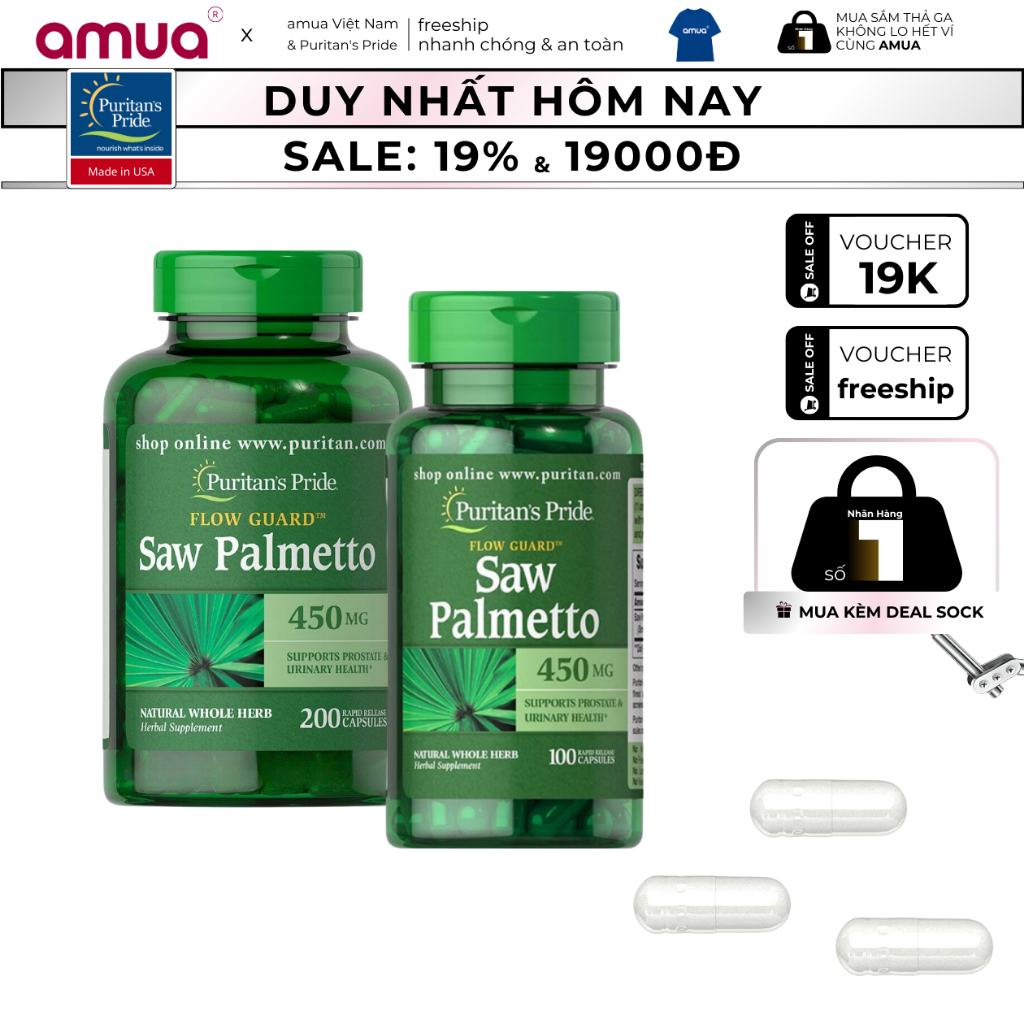 Viên Đường Tiết Niệu & Tuyến Tiền Liệt Puritan’s Pride Saw Palmetto 450 mg của Mỹ