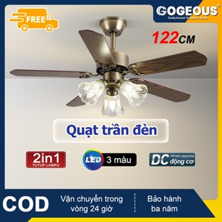 GOGEOUS Quạt trần đèn cánh gỗ có điều khiển tân cổ điển cho phòng khách/khách sạn/sảnh đèn LED 3 màu