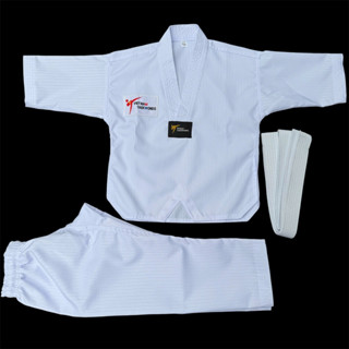 Võ Phục Taekwondo Trắng vải Sọc dày đẹp chất lượng cao tặng kèm đai trắng và logo Hỏa Tốc HCM