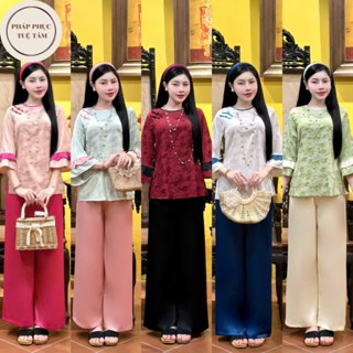  Bộ đồ đi chùa cổ tròn lụa tằm cao cấp Pháp Phục đi chùa phối tay bèo Đồ lam đi chùa cách tân sang trọng 