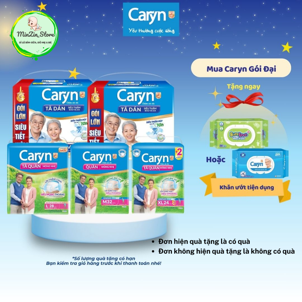 [Combo 2 bịch] Tã dán Caryn size M 40 miếng và L 40 miếng cho người già/ người ốm/ người lớn hạn chế khả năng vận động