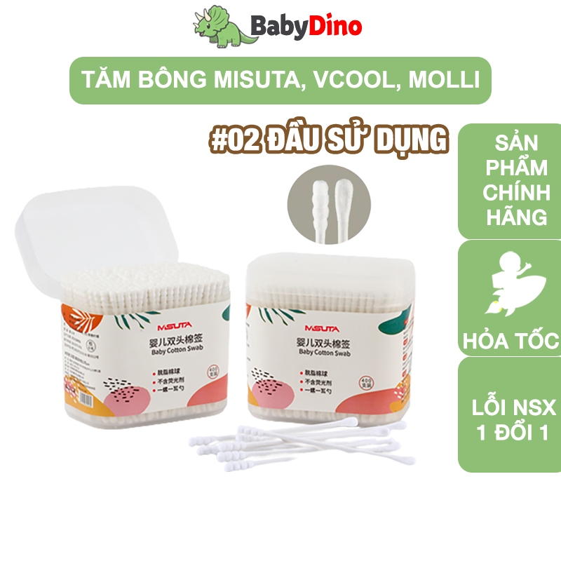 Tăm Bông Cho Bé Sơ Sinh, Bông Tự Nhiên, Hộp 200, 400 Que Misuta, Vcool, Molli BabyDino