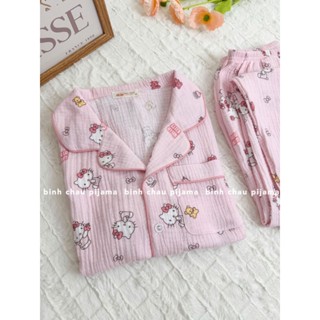 [ẢNH THẬT] Pijama đồ ngủ Hello Kitty hồng xinh xắn chất vải Xô Muslin thoáng mát