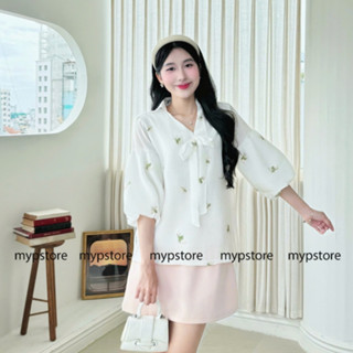 Áo sơ mi tơ lụa 2 lớp thêu hoa tay phồng Mypstore