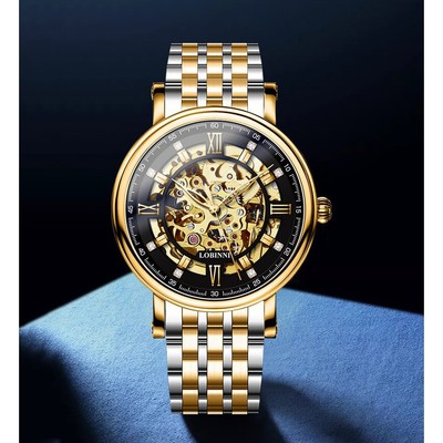 Đồng hồ nam chính hãng Lobinni LB9010G-T2 Kính sapphire,Chống nước, BH 24th,Máy cơ Automatic,mặt tròn lộ cơ ,dây mạ vàng