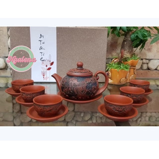 Bộ ấm chén tử sa khắc kỳ lân