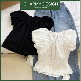 Áo Sơ Mi Baby Tee Nữ Cổ Tròn Tay Bồng Tiểu Thư Dịu Dàng, Áo Sơ Mi Nữ Vải Thô Cotton Phối Ren Điệu Đà Nữ Tính Charrmy