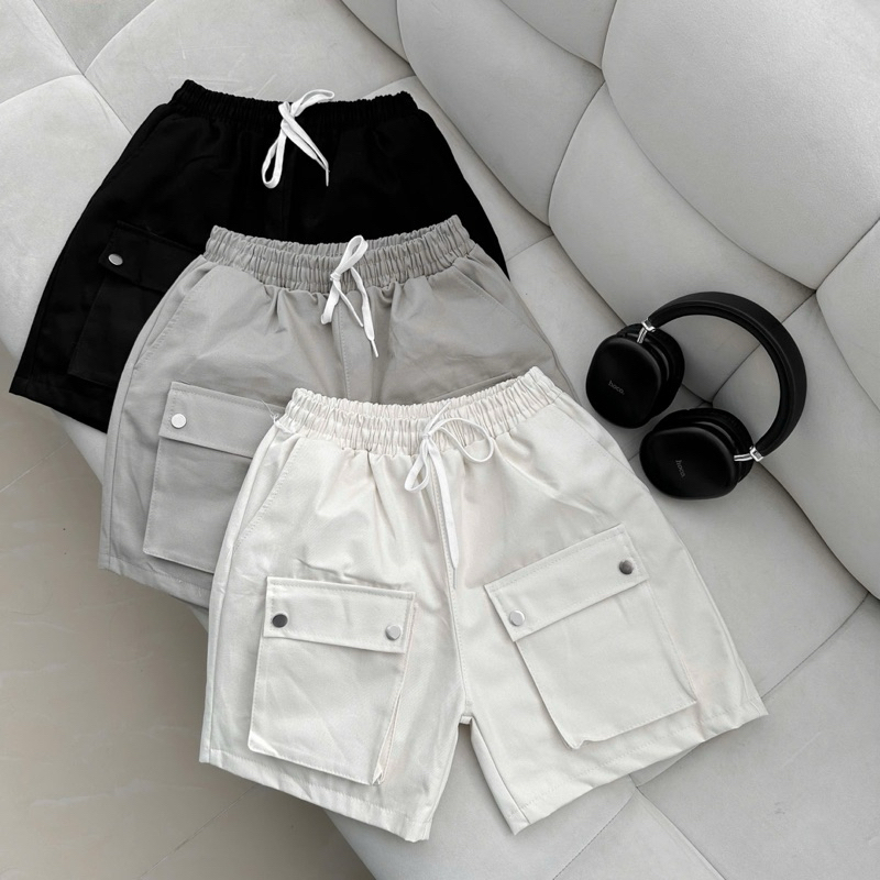 Quần Short Kaki Unisex túi hộp JERRY màu ĐEN 🖤 Nam nữ unisex 🖤 Quần kaki ngố lưng chun ống rộng JEJU