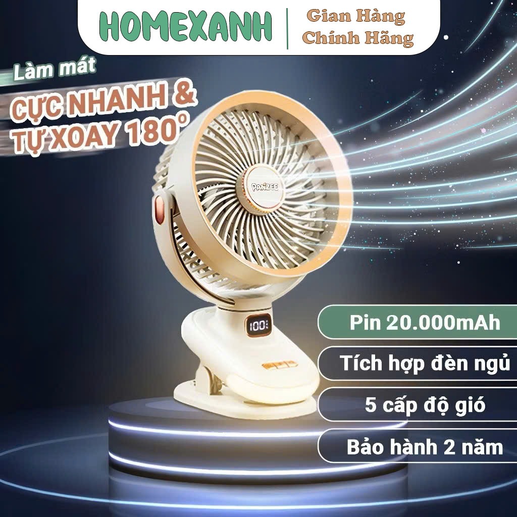 Quạt Mini Xoay tự động tích điện kẹp bàn dùng ở mọi nơi đường kính 7 inch có đèn ngủ Pin 20.000mAh